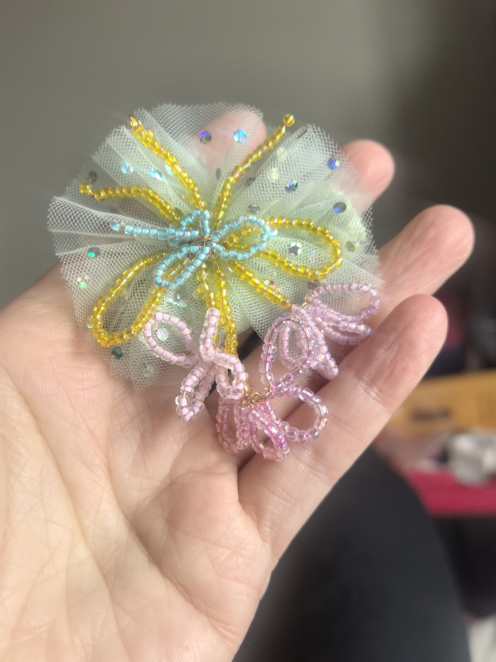 Handmade Pastel Beaded Flower Hair Clip - Pink & Mint